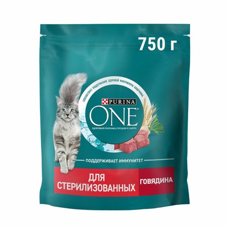Purina ONE Sterilised сухой корм для стерилизованных кошек и кастрированных котов, с высоким содержанием говядины и пшеницей - 750 г фото 1