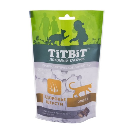 TiTBiT лакомство для кошек хрустящие подушечки с лососем для здоровья шерсти - 60 г фото 1