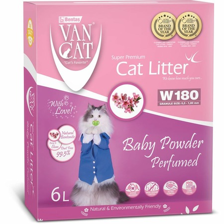 Van Cat Baby Powder наполнитель для кошек, 100% натуральный, комкующийся, без пыли, с ароматом детской присыпки - 6 л, 5,1 кг фото 1