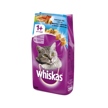 Whiskas полнорационный сухой корм для кошек, подушечки с паштетом, обед с лососем фото 1