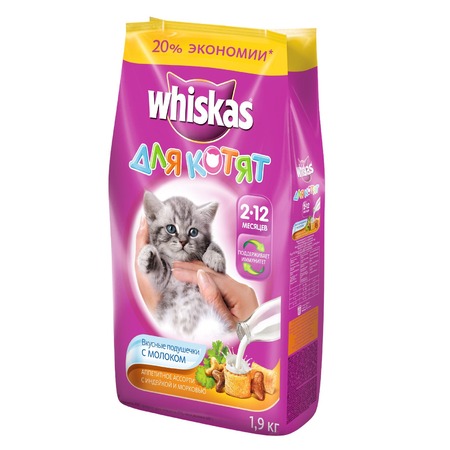Whiskas Вкусные подушечки с молочной начинкой сухой корм для котят от 2 до 12 месяцев Аппетитное ассорти с индейкой и морковью - 1,9 кг фото 1