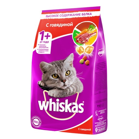 Whiskas Вкусные подушечки с нежным паштетом, сухой корм для взрослых кошек, Аппетитный обед с говядиной - 1,9 кг фото 1
