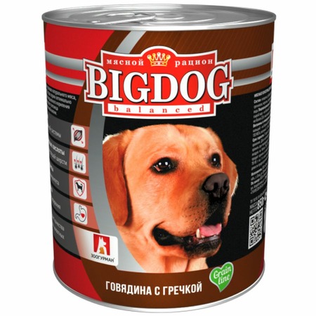Зоогурман Big Dog Grain Line влажный корм для собак, фарш из говядины с гречкой, в консервах - 850 г фото 1