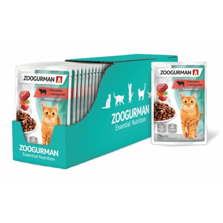 Зоогурман полнорационный влажный корм для кошек, поддержание функции почек, с говядиной и овощами, кусочки в соусе, в паучах - 85 г фото 1