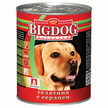 Зоогурман Big Dog влажный корм для собак средних и крупных пород, фарш из телятины с сердцем, в консервах - 850 г фото 1