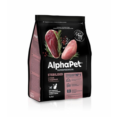 AlphaPet Superpremium сухой полнорационный корм для взрослых стерилизованных кошек и котов с уткой и индейкой - 400 г фото 2