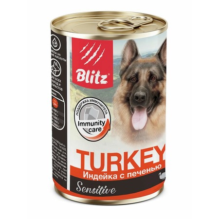 Blitz Sensitive Adult Dog полнорационный влажный корм для собак, паштет с индейкой и печенью, в консервах - 400 г фото 2