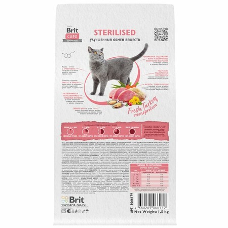 Brit Care Cat Sterilised Metabolic сухой корм для для стерилизованных кошек, с индейкой - 1,5 кг фото 2