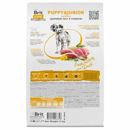 Brit Care Dog Puppy&Junior M Healthy Growth сухой корм для щенков средних пород, с индейкой и уткой - 12 кг фото 2