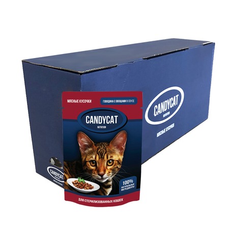 Candycat полнорационный влажный корм для стерилизованных кошек, с говядиной и овощами, кусочки в соусе, в паучах - 85 г фото 2