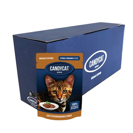 Candycat полнорационный влажный корм для стерилизованных кошек с курицей и овощами, кусочки в соусе, в паучах - 85 г фото 2