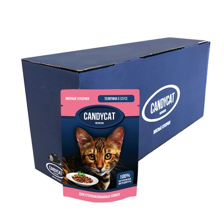 Candycat полнорационный влажный корм для стерилизованных кошек, с телятиной, кусочки в соусе, в паучах - 85 г фото 2