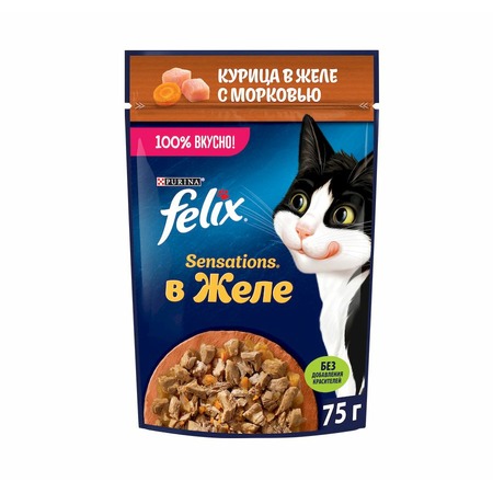 Felix Sensations полнорационный влажный корм для кошек, с курицей и морковью, кусочки в желе, в паучах - 75 г фото 2