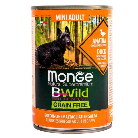 Monge Dog BWild Grain Free Mini полнорационный влажный корм для собак мелких пород, беззерновой, с уткой, тыквой и кабачками, кусочки в соусе, в консервах - 400 г фото 2