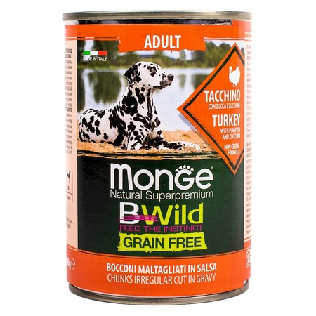 Monge Dog BWild Grain Free полнорационный влажный корм для собак, беззерновой, с индейкой, тыквой и кабачками, кусочки в бульоне, в консервах - 400 г фото 2