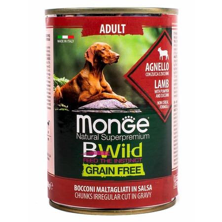 Monge Dog BWild Grain Free полнорационный влажный корм для собак, беззерновой, с ягненком, тыквой и кабачками, кусочки в соусе, в консервах - 400 г фото 2