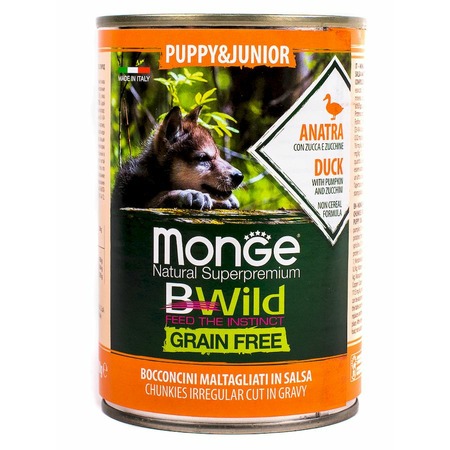 Monge Dog BWild Grain Free Puppy & Junior полнорационный влажный корм для щенков, беззерновой, с уткой, тыквой и кабачками, кусочки в соусе, в консервах - 400 г фото 2