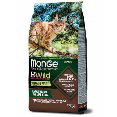 Monge Cat BWild Grain Free полнорационный сухой корм для котят и кошек крупных пород, беззерновой, с мясом буйвола - 1,5 кг фото 2