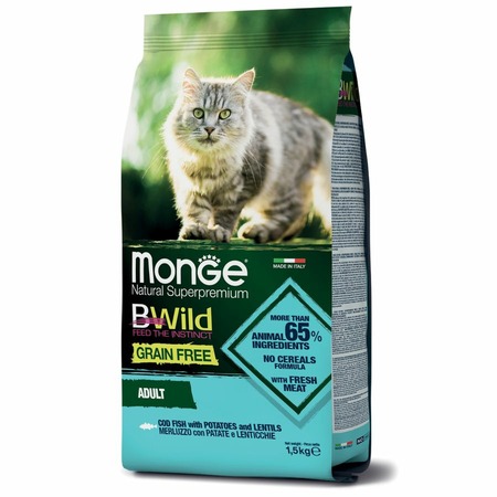 Monge Cat BWild Grain Free полнорационный сухой корм для кошек, беззерновой, с треской, картофелем и чечевицей - 1,5 кг фото 2