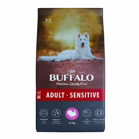Mr. Buffalo Adult M/L Sensitive полнорацинный сухой корм для собак средних и крупных пород с чувствительным пищеварением, с индейкой фото 2