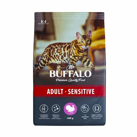 Mr.Buffalo Adult Sensitive полнорационный сухой корм для взрослых котов и кошек с чувствительным пищеварением, с индейкой - 400 г фото 2
