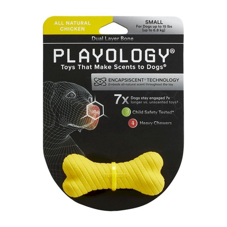 Playology Dual Layer Bone игрушка для собак мелких пород, двухслойная жевательная косточка, с ароматом курицы, маленькая, желтая фото 2