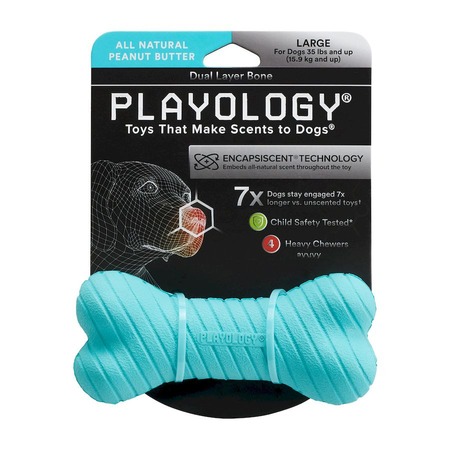 Playology Dual Layer Bone игрушка для собак средних и крупных пород, двухслойная жевательная косточка, с ароматом арахиса, большая, голубая фото 2