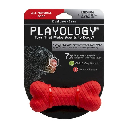 Playology Dual Layer Bone игрушка для собак средних пород, двухслойная жевательная косточка, с ароматом говядины, средняя, красная фото 2