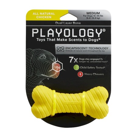 Playology Dual Layer Bone игрушка для собак средних пород, двухслойная жевательная косточка, с ароматом курицы, средняя, желтая фото 2