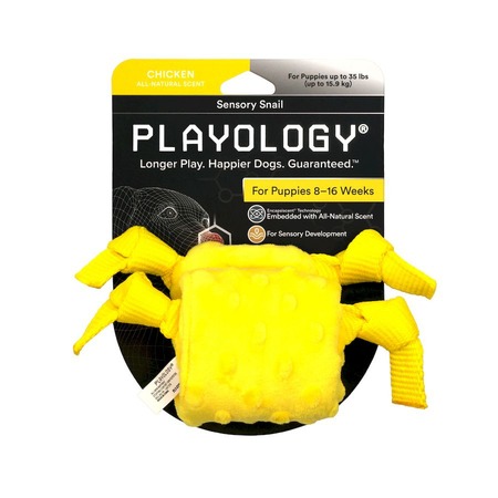 Playology Puppy Sensory Snail игрушка для щенков мелких и средних пород 8-16 недель, сенсорная плюшевая улитка, с ароматом курицы, желтая фото 2