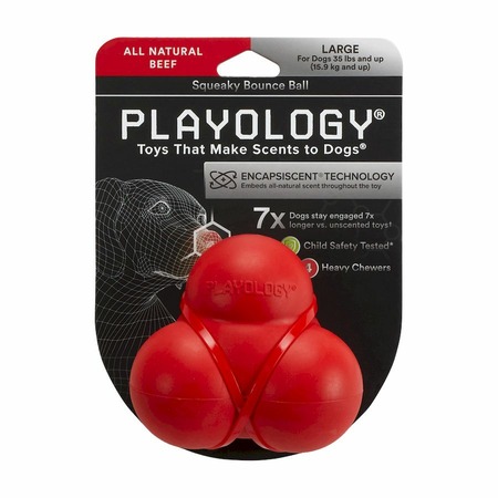 Playology Squeaky Bounce Ball игрушка для собак средних и крупных пород, жевательный тройной мяч с пищалкой, с ароматом говядины, красный фото 2