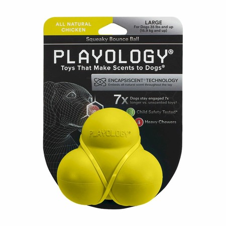 Playology Squeaky Bounce Ball игрушка для собак средних и крупных пород, жевательный тройной мяч с пищалкой, с ароматом курицы, желтый фото 2