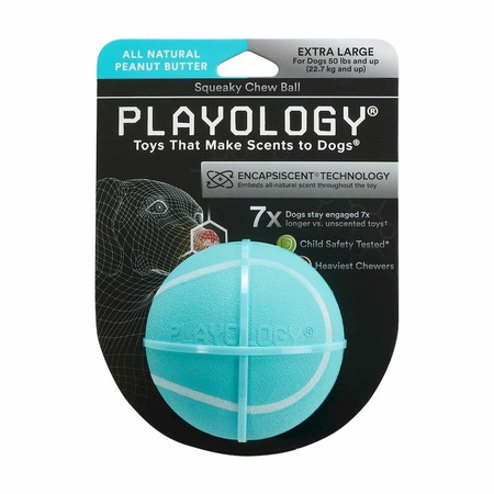 Playology Squeaky Chew Ball игрушка для собак средних и крупных пород, жевательный мяч с пищалкой, с ароматом арахиса, голубой - 8 см фото 2