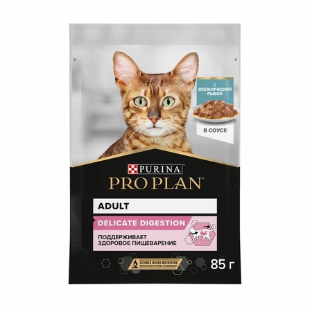 Pro Plan Delicate влажный корм для кошек с чувствительным пищеварением, с океанической рыбой, кусочки в соусе, в паучах - 85 г фото 2