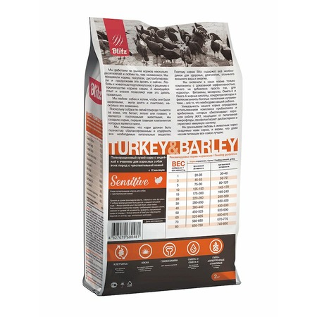 Blitz Sensitive Adult Turkey & Barley полнорационный сухой корм для собак, с индейкой и ячменем - 2 кг фото 2