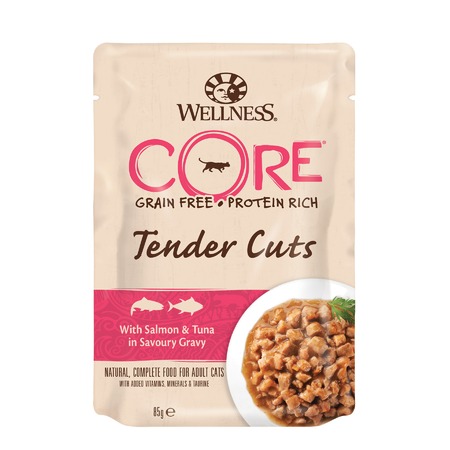 Wellness Сore Tender Cuts влажный корм для кошек с лососем и тунцом в соусе в паучах 85 г х 24 шт фото 2