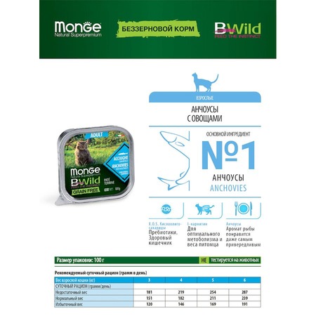 Monge Cat BWild Grain Free полнорационный влажный корм для кошек, беззерновой, паштет с анчоусами и овощами, в ламистерах - 100 г фото 13