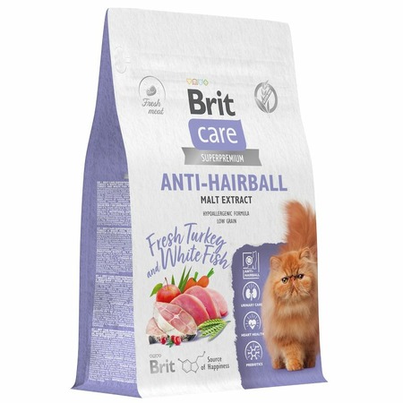 Brit Care Cat Anti-Hairball сухой корм для взрослых кошек для выведения шерсти из желудка, с белой рыбой и индейкой - 400 г фото 3