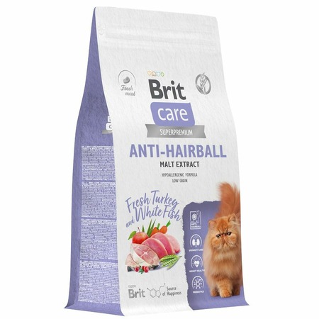 Brit Care Cat Anti-Hairball сухой корм для взрослых кошек для выведения шерсти из желудка, с белой рыбой и индейкой - 1,5 кг фото 3