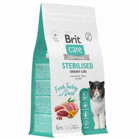 Brit Care Cat Sterilised Urinary Care сухой корм для стерилизованных кошек для профилактики МКБ, с индейкой и уткой - 1,5 кг фото 3