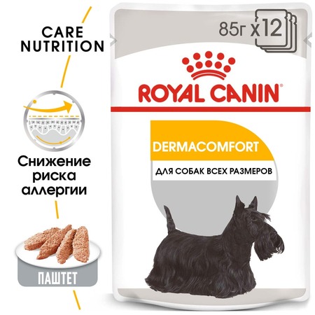 Royal Canin Dermacomfort полнорационный влажный корм для взрослых собак с чувствительной кожей, при раздражениях и зуде кожи, связанных с повышенной чувствительностью, паштет, в паучах - 85 г фото 3