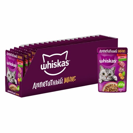 Whiskas Аппетитный микс полнорационный влажный корм для кошек, с говядиной, языком и овощами, кусочки в желе, в паучах - 75 г фото 3