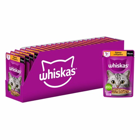 Whiskas полнорационный влажный корм для кошек, с курицей и индейкой, кусочки в желе, в паучах - 75 г фото 3