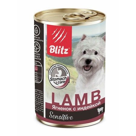Blitz Sensitive Adult Dog влажный корм для взрослых собак с чувствительным пищеварением, с ягненком и индейкой, в консервах - 400 г х 24 шт фото 4