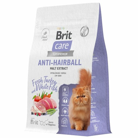 Brit Care Cat Anti-Hairball сухой корм для взрослых кошек для выведения шерсти из желудка, с белой рыбой и индейкой - 400 г фото 4