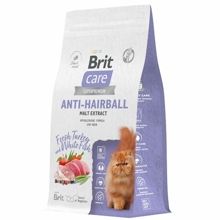 Brit Care Cat Anti-Hairball сухой корм для взрослых кошек для выведения шерсти из желудка, с белой рыбой и индейкой - 1,5 кг фото 4