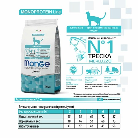 Monge Cat Speciality Line Monoprotein Sterilised полнорационный сухой корм для стерилизованных кошек, с треской - 1,5 кг фото 4
