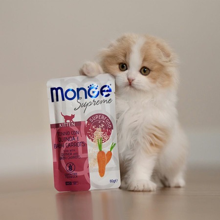 Monge Supreme Kitten влажный корм для котят, с тунцом, киноа и мини-морковью, кусочки, в паучах - 80 г фото 4