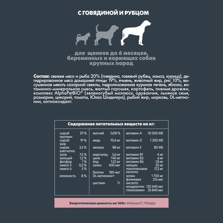 AlphaPet Superpremium сухой полнорационный корм для щенков до 6 месяцев, беременных и кормящих собак крупных пород с говядиной и рубцом - 1,5 кг фото 5