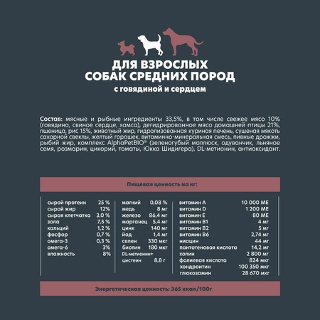 AlphaPet WOW Superpremium сухой полнорационный корм для взрослых собак средних пород с говядиной и сердцем - 2 кг фото 5